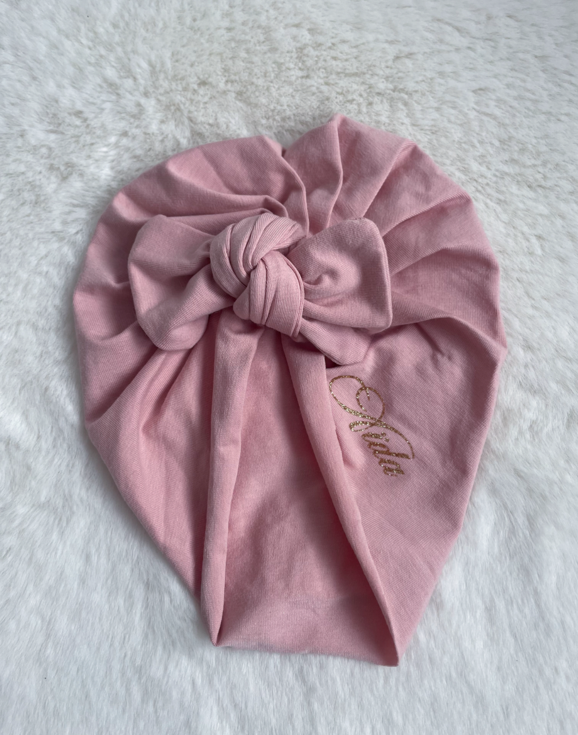 Turban bébé rose avec ruban et prénom floqué
