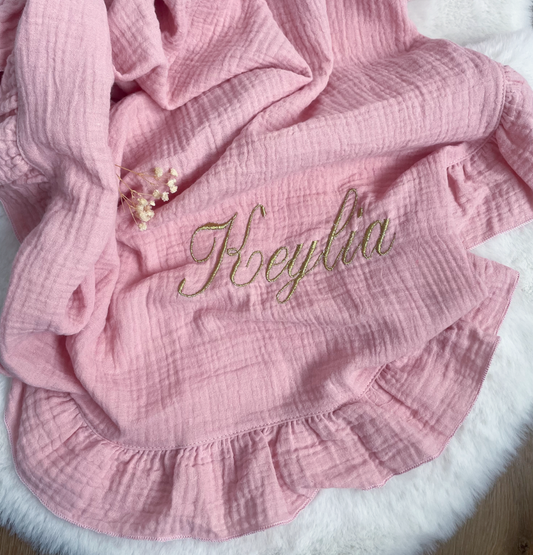 Couverture brodée gaze de coton rose