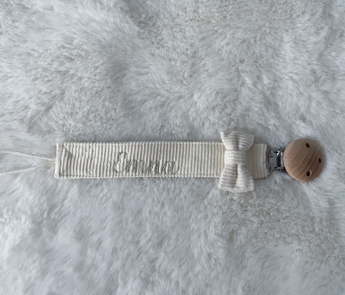 Attache tétine coton côtelé ruban beige brodé