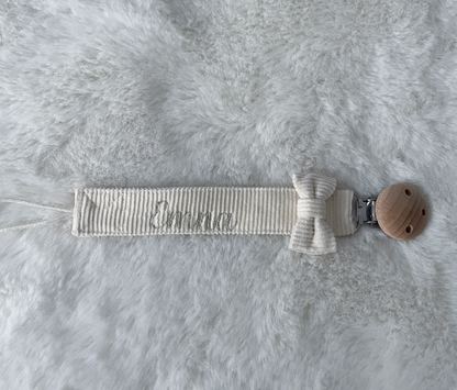 Attache tétine coton côtelé ruban beige brodé