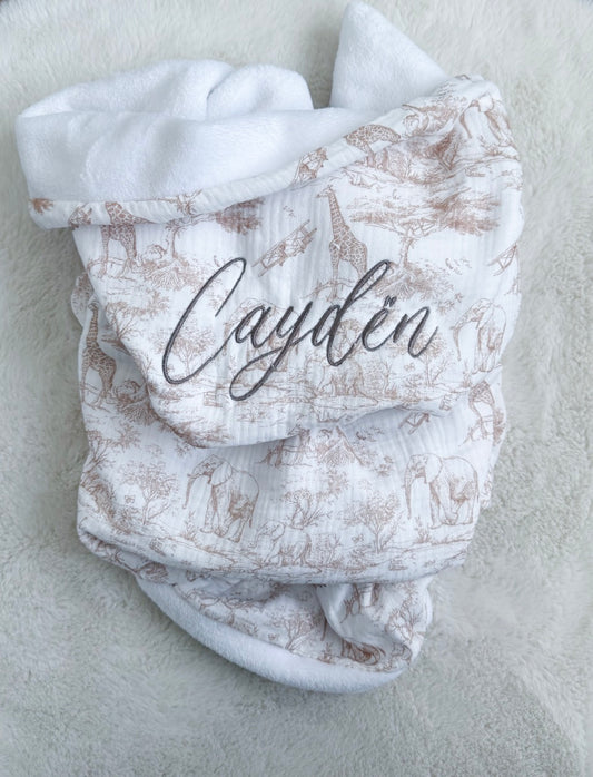 Couverture motif toile de jouy safari beige