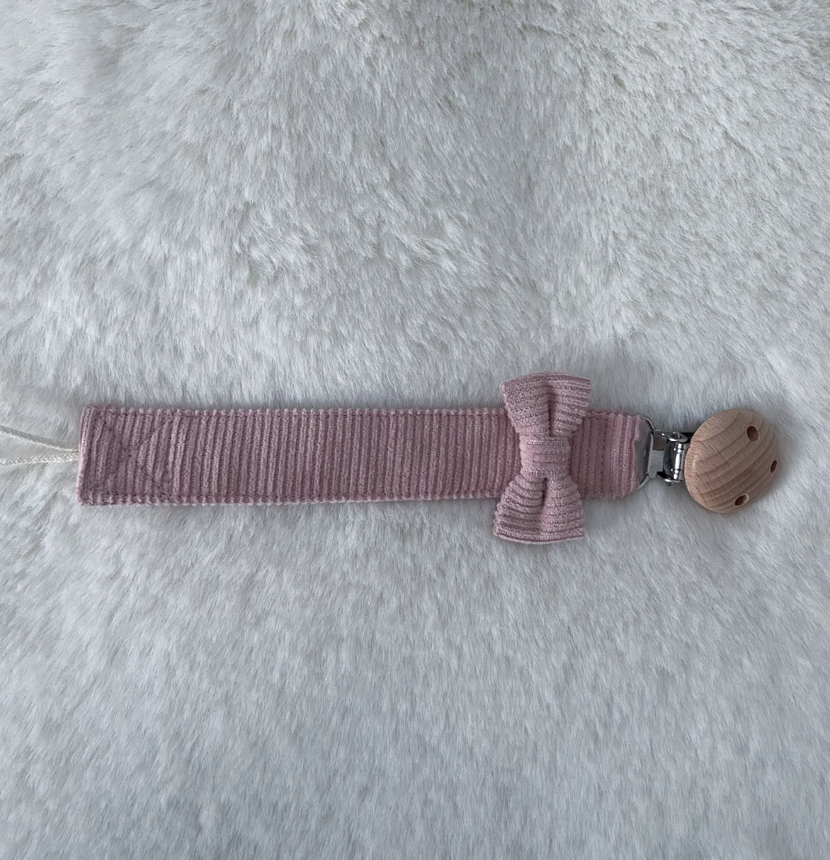 Attache tétine coton côtelé ruban rose brodé