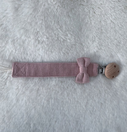 Attache tétine coton côtelé ruban rose brodé