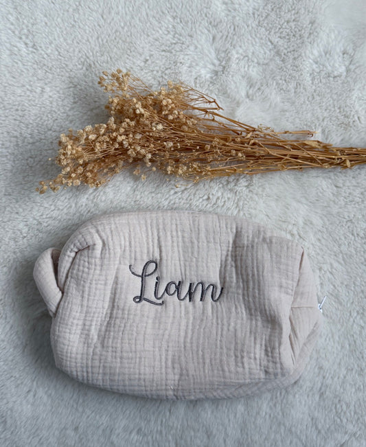 Trousse de toilette en gaze de coton beige prénom brodé
