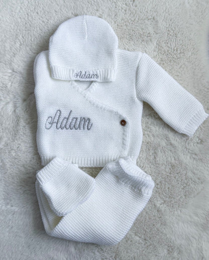 Ensemble naissance maille blanc prénom brodé