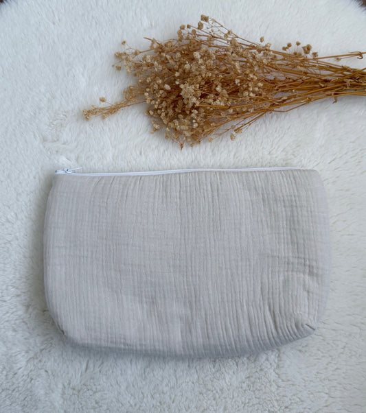 Trousse de toilette en gaze de coton beige prénom personnalisé