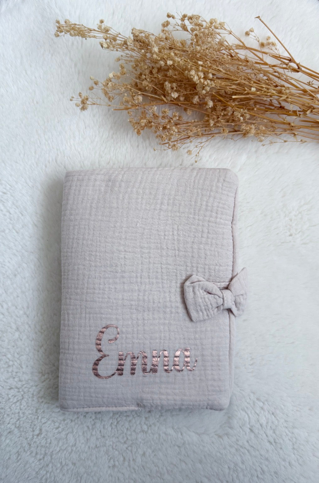 Protège carnet de santé gaze de coton et ruban beige floqué