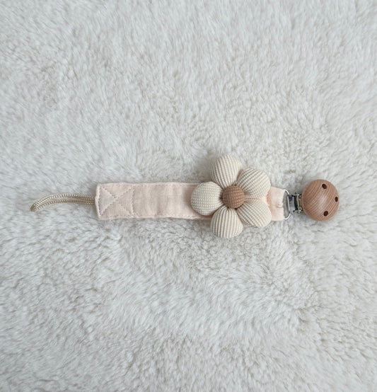 Attache tétine coton beige et fleur prénom personnalisé