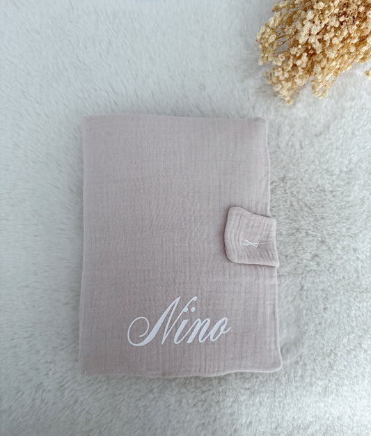 Protège carnet de santé gaze de coton et ruban beige floqué