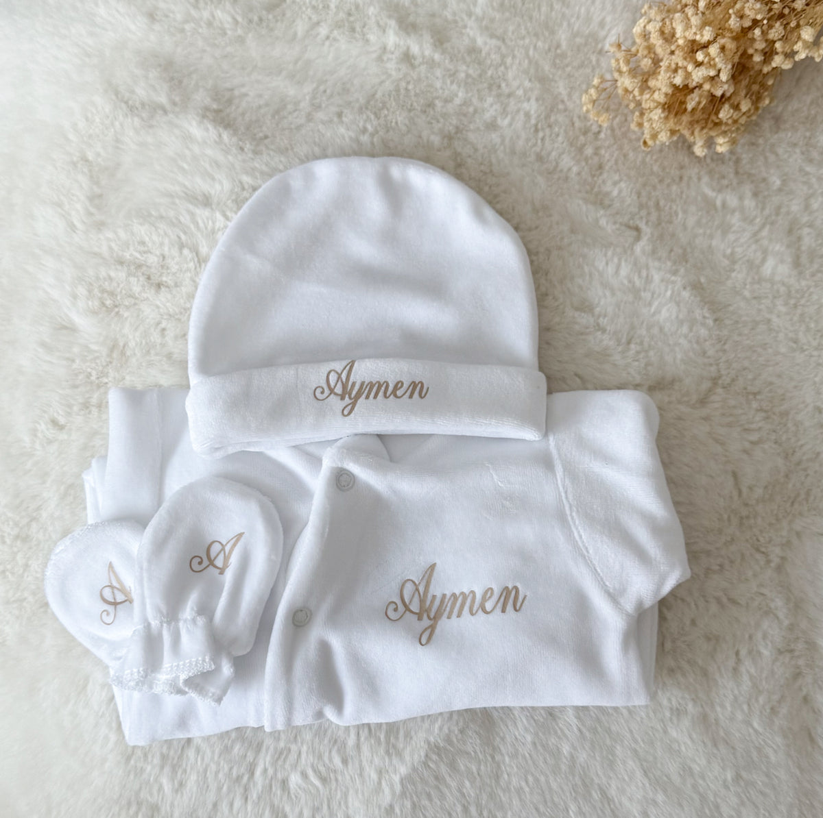 Ensemble naissance velours blanc prénom floqué