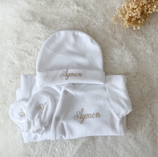 Ensemble naissance velours blanc prénom floqué
