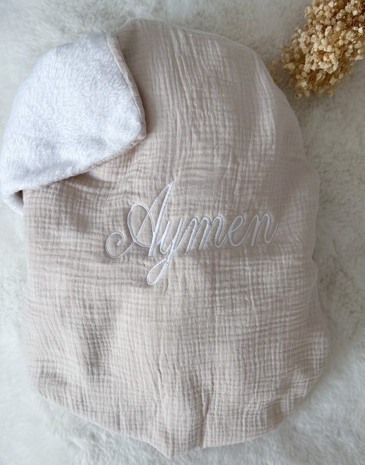 Couverture brodée gaze de coton beige polaire blanc