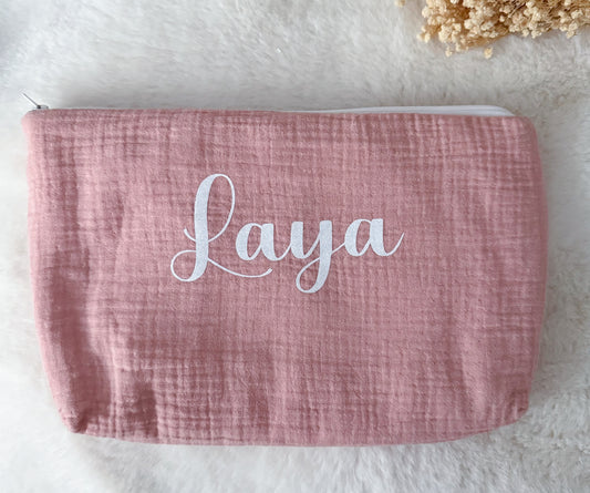 Trousse de toilette en gaze de coton rose prénom personnalisé