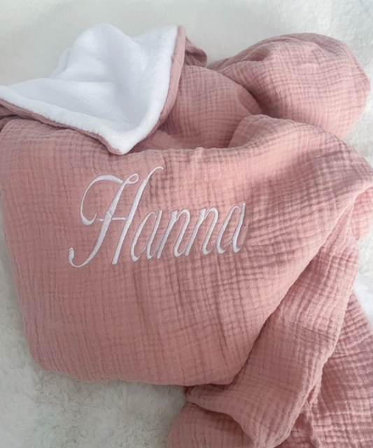 Couverture brodée gaze de coton rose polaire blanc